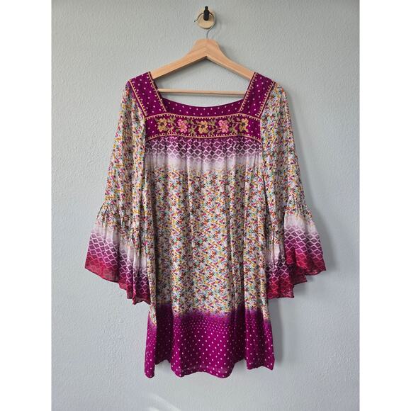 Ivy Jane Boho Floral Bell Sleeve Tunic Top Size S Purple Pink Embroidered Rayon - Picture 1 of 8